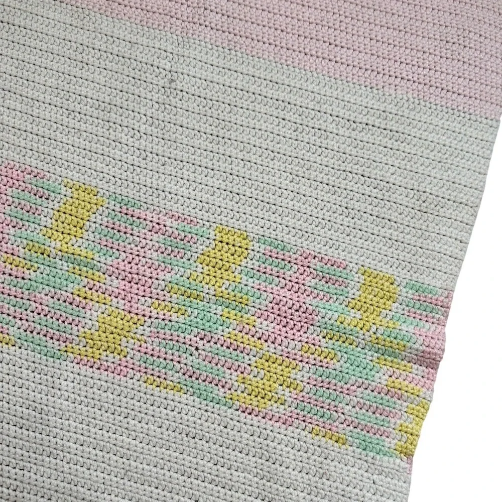 Handmade Crochet Baby‎ Blanket Pink Cream Yellow Pastel Striped Throw 33X26